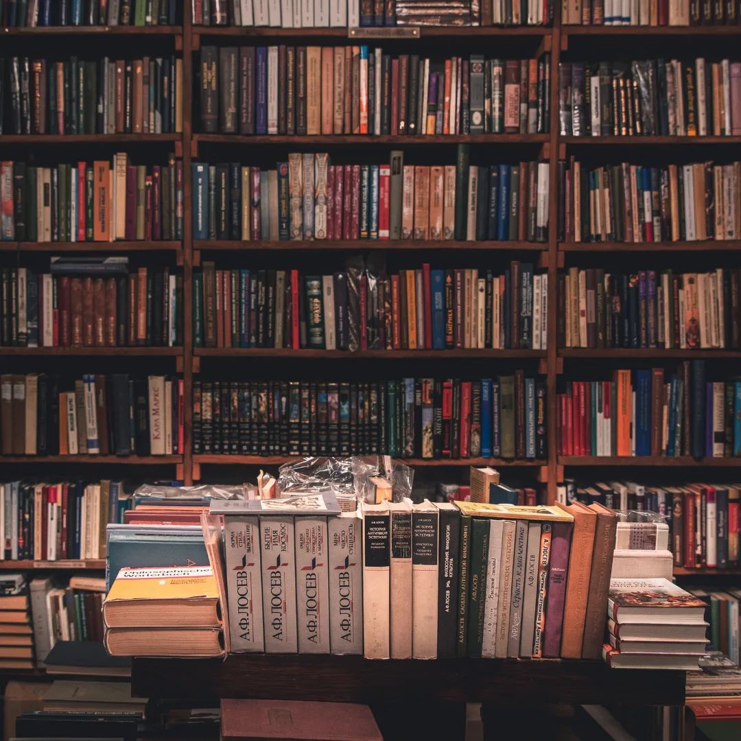 Library shelves with books
